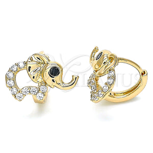 Gold Filled Hoop Earrings — Huggie Hoop Elephant Design with White and Black — main product view — SKU 132535 | Oro Laminado aretes de aro — Huggie Hoop Elephant diseño with blanco and negro — SKU 132535