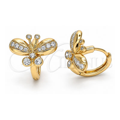 Oro Laminado Huggie Hoop, Gold Filled Style Butterfly Design, with White Cubic Zirconia, Polished, Golden Finish, 02.26.0292.15