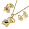 Oro Laminado Earring and Pendant Adult Set, Gold Filled Style Elephant Design, with Multicolor Micro Pave, Polished, Golden Finish, 10.26.0021.1