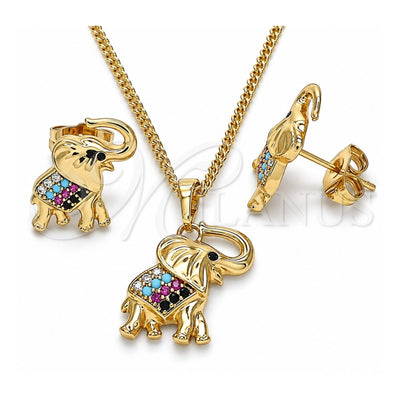 Oro Laminado Earring and Pendant Adult Set, Gold Filled Style Elephant Design, with Multicolor Micro Pave, Polished, Golden Finish, 10.26.0021.1