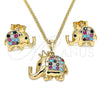 Oro Laminado Earring and Pendant Adult Set, Gold Filled Style Elephant and Crown Design, with Multicolor Micro Pave, Polished, Golden Finish, 10.26.0022