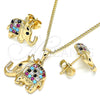 Oro Laminado Earring and Pendant Adult Set, Gold Filled Style Elephant and Crown Design, with Multicolor Micro Pave, Polished, Golden Finish, 10.26.0022