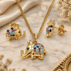 Oro Laminado Earring and Pendant Adult Set, Gold Filled Style Elephant and Crown Design, with Multicolor Micro Pave, Polished, Golden Finish, 10.26.0022
