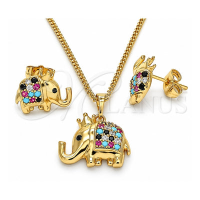 Oro Laminado Earring and Pendant Adult Set, Gold Filled Style Elephant and Crown Design, with Multicolor Micro Pave, Polished, Golden Finish, 10.26.0022