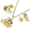 Oro Laminado Earring and Pendant Adult Set, Gold Filled Style Elephant and Crown Design, with Multicolor Micro Pave, Polished, Golden Finish, 10.26.0022.1