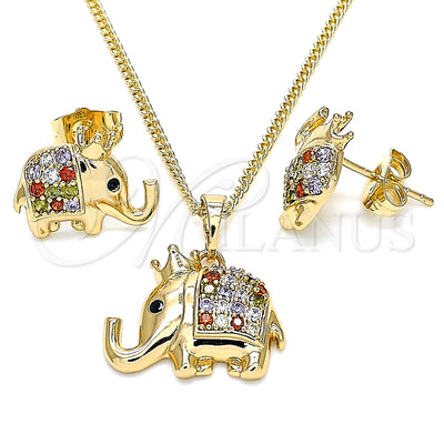 Oro Laminado Earring and Pendant Adult Set, Gold Filled Style Elephant and Crown Design, with Multicolor Micro Pave, Polished, Golden Finish, 10.26.0022.1
