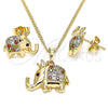 Oro Laminado Earring and Pendant Adult Set, Gold Filled Style Elephant and Crown Design, with Multicolor Micro Pave, Polished, Golden Finish, 10.26.0022.1