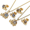 Oro Laminado Earring and Pendant Adult Set, Gold Filled Style Elephant and Crown Design, with Multicolor Micro Pave, Polished, Golden Finish, 10.26.0022.1