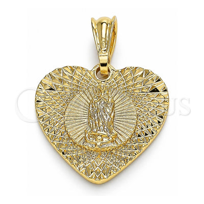 Oro Laminado Fancy Pendant, Gold Filled Style Heart and Guadalupe Design, Diamond Cutting Finish, Golden Finish, 05.351.0081