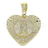 Oro Laminado Fancy Pendant, Gold Filled Style Heart and Guadalupe Design, Diamond Cutting Finish, Golden Finish, 05.351.0081