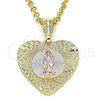 Oro Laminado Fancy Pendant, Gold Filled Style Guadalupe and Heart Design, Diamond Cutting Finish, Tricolor, 05.351.0081.1