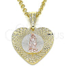 Oro Laminado Fancy Pendant, Gold Filled Style Guadalupe and Heart Design, Diamond Cutting Finish, Tricolor, 05.351.0081.1