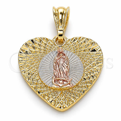 Oro Laminado Fancy Pendant, Gold Filled Style Guadalupe and Heart Design, Diamond Cutting Finish, Tricolor, 05.351.0081.1