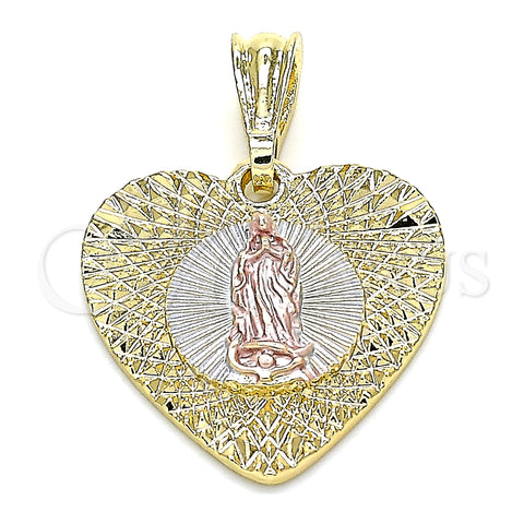 Oro Laminado Fancy Pendant, Gold Filled Style Guadalupe and Heart Design, Diamond Cutting Finish, Tricolor, 05.351.0081.1