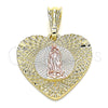 Oro Laminado Fancy Pendant, Gold Filled Style Guadalupe and Heart Design, Diamond Cutting Finish, Tricolor, 05.351.0081.1
