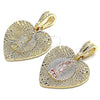 Oro Laminado Fancy Pendant, Gold Filled Style Guadalupe and Heart Design, Diamond Cutting Finish, Tricolor, 05.351.0081.1