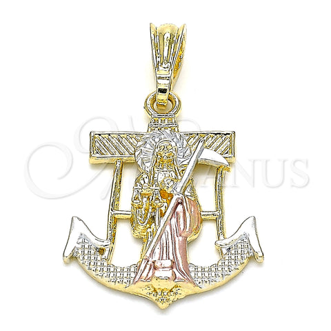 Oro Laminado Fancy Pendant, Gold Filled Style Anchor and Santa Muerte Design, Polished, Tricolor, 05.351.0070.1
