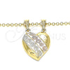Oro Laminado Fancy Pendant, Gold Filled Style Heart and Flower Design, Diamond Cutting Finish, Tricolor, 05.351.0091.1
