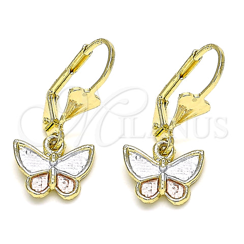 Oro Laminado Dangle Earring, Gold Filled Style Butterfly Design, Polished, Tricolor, 02.351.0090