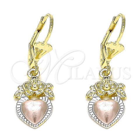 Oro Laminado Dangle Earring, Gold Filled Style Heart Design, Polished, Tricolor, 02.351.0092