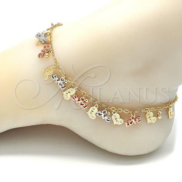 Gold Filled Anklet — Charm Anklet Love and Heart Design Polished Tricolor — alternate product view — SKU 132597 | Oro Laminado tobillera — Charm Anklet Love and corazón diseño pulido Tricolor — SKU 132597