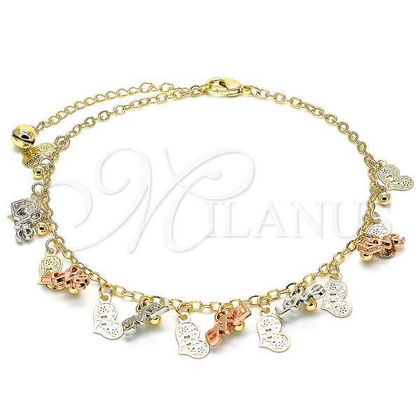 Gold Filled Anklet — Charm Anklet Love and Heart Design Polished Tricolor — main product view — SKU 132597 | Oro Laminado tobillera — Charm Anklet Love and corazón diseño pulido Tricolor — SKU 132597