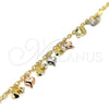 Oro Laminado Charm Anklet , Gold Filled Style Heart and Rattle Charm Design, with White Crystal, Polished, Tricolor, 03.331.0041.09 (03 MM Thickness, 9 Inches Length)