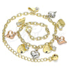 Oro Laminado Charm Anklet , Gold Filled Style Heart and Rattle Charm Design, with White Crystal, Polished, Tricolor, 03.331.0041.09 (03 MM Thickness, 9 Inches Length)
