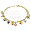 Oro Laminado Charm Anklet , Gold Filled Style Heart and Rattle Charm Design, with White Crystal, Polished, Tricolor, 03.331.0041.09 (03 MM Thickness, 9 Inches Length)