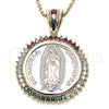 Oro Laminado Religious Pendant, Gold Filled Style Guadalupe and Centenario Coin Design, with Multicolor Cubic Zirconia, Polished, Golden Finish, 05.63.1159.1