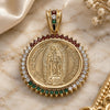 Oro Laminado Religious Pendant, Gold Filled Style Guadalupe and Centenario Coin Design, with Multicolor Cubic Zirconia, Polished, Golden Finish, 05.63.1159.1