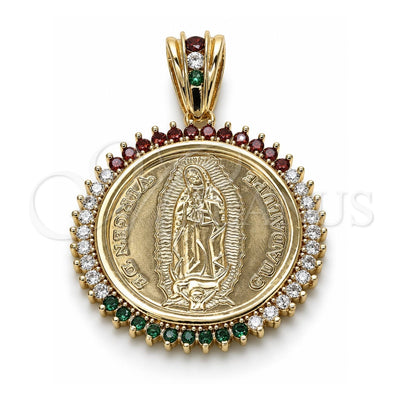 Oro Laminado Religious Pendant, Gold Filled Style Guadalupe and Centenario Coin Design, with Multicolor Cubic Zirconia, Polished, Golden Finish, 05.63.1159.1