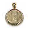 Oro Laminado Religious Pendant, Gold Filled Style Guadalupe and Centenario Coin Design, with Multicolor Cubic Zirconia, Polished, Golden Finish, 05.63.1159.1