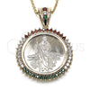 Oro Laminado Religious Pendant, Gold Filled Style San Judas and Centenario Coin Design, with Multicolor Cubic Zirconia, Polished, Golden Finish, 05.63.1160.1