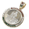 Oro Laminado Religious Pendant, Gold Filled Style San Judas and Centenario Coin Design, with Multicolor Cubic Zirconia, Polished, Golden Finish, 05.63.1160.1