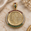 Oro Laminado Religious Pendant, Gold Filled Style San Judas and Centenario Coin Design, with Multicolor Cubic Zirconia, Polished, Golden Finish, 05.63.1160.1