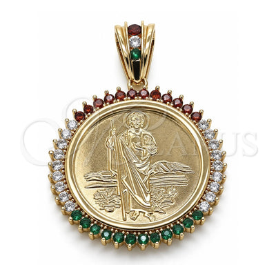 Oro Laminado Religious Pendant, Gold Filled Style San Judas and Centenario Coin Design, with Multicolor Cubic Zirconia, Polished, Golden Finish, 05.63.1160.1