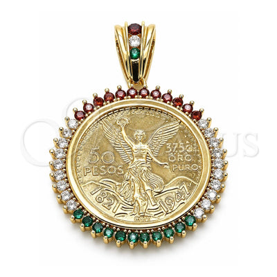 Oro Laminado Religious Pendant, Gold Filled Style Centenario Coin Design, with Multicolor Cubic Zirconia, Polished, Golden Finish, 05.63.1161.1