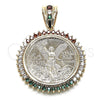 Oro Laminado Religious Pendant, Gold Filled Style Centenario Coin Design, with Multicolor Cubic Zirconia, Polished, Golden Finish, 05.63.1161.1