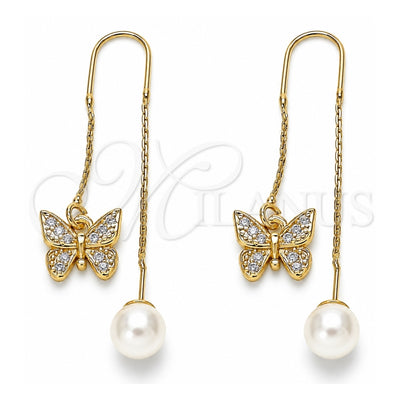 Oro Laminado Threader Earring, Gold Filled Style Butterfly Design, with White Micro Pave, Polished, Golden Finish, 02.210.0335