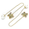 Oro Laminado Threader Earring, Gold Filled Style Butterfly Design, with Multicolor Micro Pave, Polished, Golden Finish, 02.210.0335.1