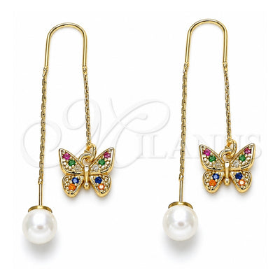 Oro Laminado Threader Earring, Gold Filled Style Butterfly Design, with Multicolor Micro Pave, Polished, Golden Finish, 02.210.0335.1
