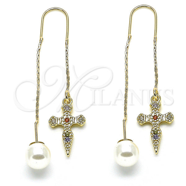 Gold Filled Ring — Threader Earring Cross Design with Multicolor Micro Pave — main product view — SKU 132642 | Oro Laminado anillo — Threader Earring cruz diseño with Multicolor Micro Pave — SKU 132642