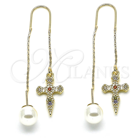 Oro Laminado Threader Earring, Gold Filled Style Cross Design, with Multicolor Micro Pave, Polished, Golden Finish, 02.210.0339.1