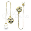 Oro Laminado Threader Earring, Gold Filled Style Flower and Heart Design, with White Micro Pave, Polished, Golden Finish, 02.210.0342