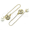 Oro Laminado Threader Earring, Gold Filled Style Flower and Heart Design, with White Micro Pave, Polished, Golden Finish, 02.210.0342