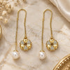Oro Laminado Threader Earring, Gold Filled Style Flower and Heart Design, with White Micro Pave, Polished, Golden Finish, 02.210.0342