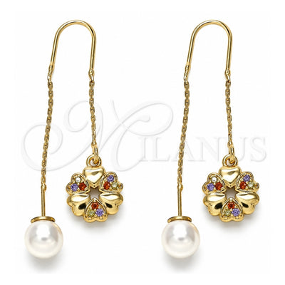 Oro Laminado Threader Earring, Gold Filled Style Flower and Heart Design, with Multicolor Micro Pave, Polished, Golden Finish, 02.210.0342.1
