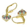 Oro Laminado Threader Earring, Gold Filled Style Heart Design, with Multicolor Micro Pave, Polished, Golden Finish, 02.210.0345.1