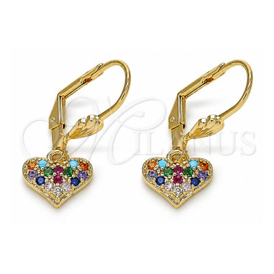 Oro Laminado Threader Earring, Gold Filled Style Heart Design, with Multicolor Micro Pave, Polished, Golden Finish, 02.210.0345.1
